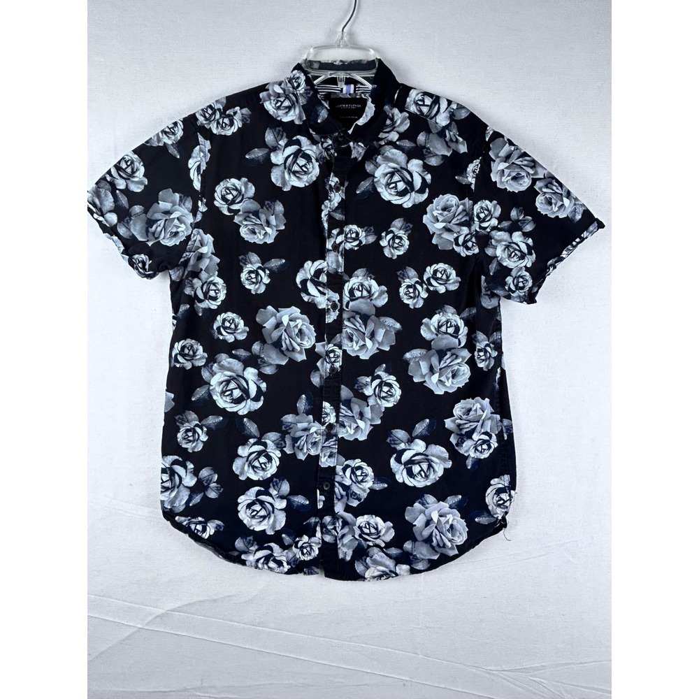Denim & Flower Ricky Singh Mens Black White Rose Floral Button Down Shirt Medium